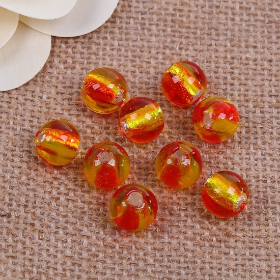 Picture of Lampwork Glass Beads Ball Red & Yellow Rainbow Foil About 12mm Dia, Hole: Approx 1.7mm, 3 PCs