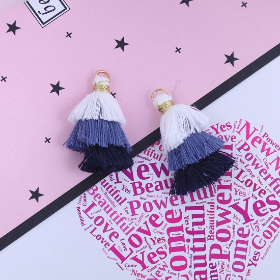 Picture of Cotton Multilayer Tassel White & Deep Blue About 33mm(1 2/8") x 20mm( 6/8"), 5 PCs