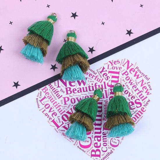 Picture of Cotton Multilayer Tassel Green & Khaki About 33mm(1 2/8") x 20mm( 6/8"), 5 PCs