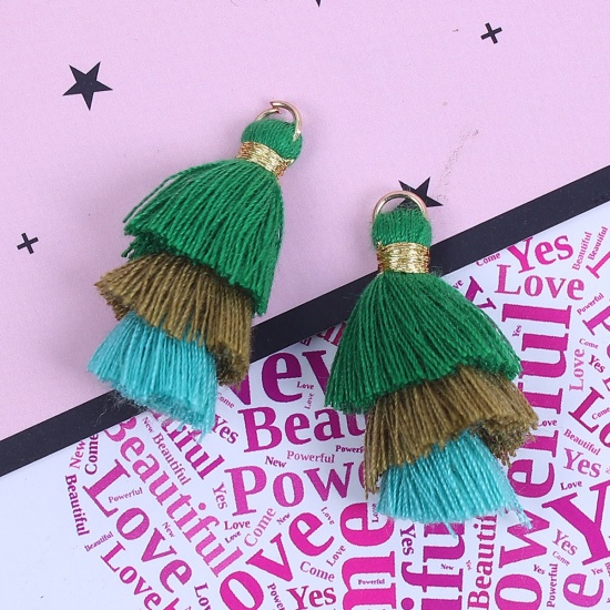 Picture of Cotton Multilayer Tassel Green & Khaki About 33mm(1 2/8") x 20mm( 6/8"), 5 PCs