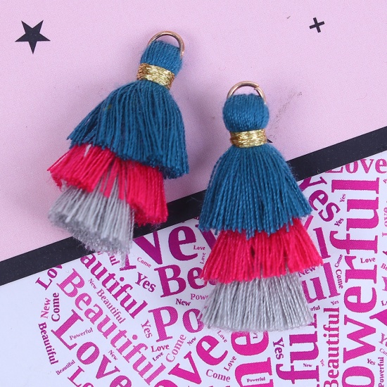 Picture of Cotton Multilayer Tassel Blue & Fuchsia About 33mm(1 2/8") x 20mm( 6/8"), 5 PCs