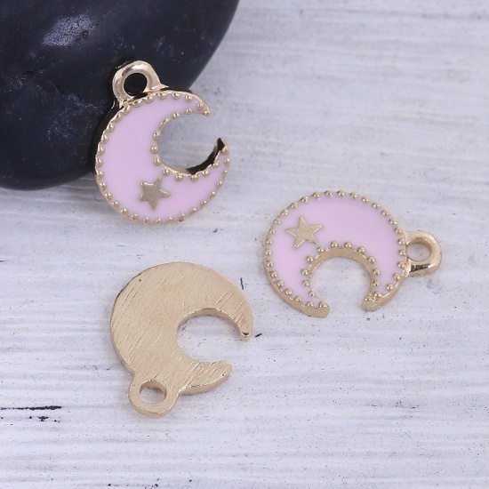 Picture of Zinc Based Alloy Galaxy Charms Half Moon Gold Plated Pink Star Enamel 16mm( 5/8") x 12mm( 4/8"), 20 PCs