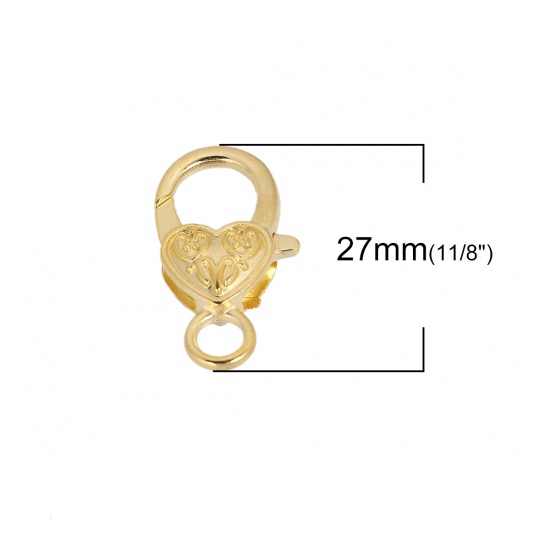 Picture of Zinc Based Alloy Lobster Clasp Findings Gold Plated Heart Pattern 27mm x 14mm, 10 PCs