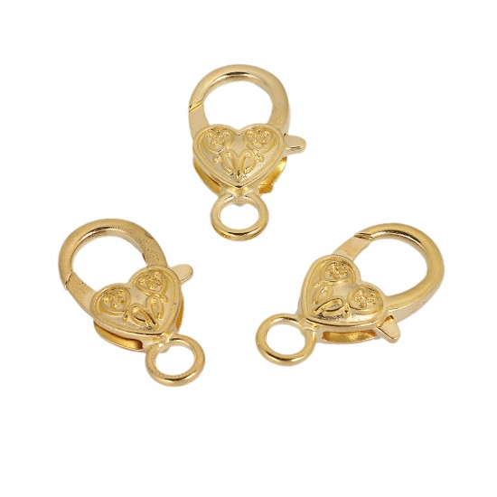 Picture of Zinc Based Alloy Lobster Clasp Findings Gold Plated Heart Pattern 27mm x 14mm, 10 PCs