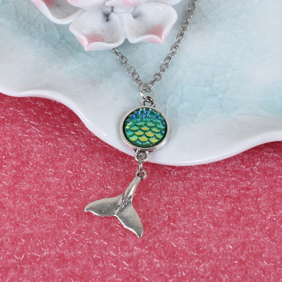 Picture of Resin Mermaid Fish/ Dragon Scale Necklace Antique Silver Green Round 52.5cm(20 5/8") long, 1 Piece
