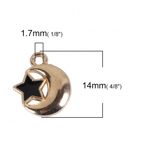 Picture of Zinc Based Alloy Galaxy Charms Half Moon Gold Plated Black Pentagram Star Enamel 14mm( 4/8") x 12mm( 4/8"), 10 PCs