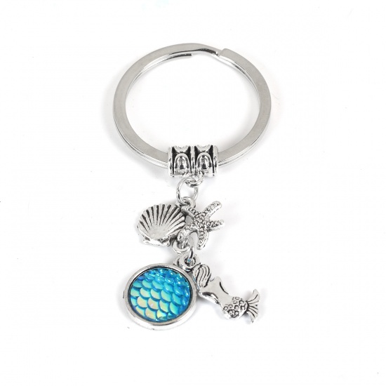 Picture of Resin Mermaid Fish/ Dragon Scale Keychain & Keyring Round Antique Silver Blue AB Color 84mm x 32mm, 1 Piece