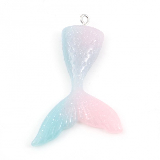 Picture of Resin Pendants Mermaid Light Pink & Light Blue Glitter 47mm(1 7/8") x 31mm(1 2/8"), 3 PCs