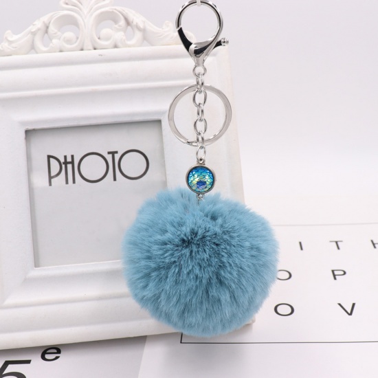 Picture of Resin Mermaid Fish/ Dragon Scale Keychain & Keyring Pom Pom Ball Antique Silver Blue Round 15.3cm, 1 Piece