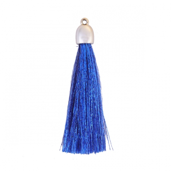 Picture of Polyester Tassel Pendants Light Golden Royal Blue About 73mm(2 7/8") x 10mm( 3/8"), 10 PCs