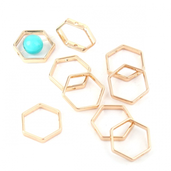 Picture of Zinc Based Alloy Beads Frames Hexagon Gold Plated (Fits 14mm Beads) 21mm x 18mm, 10 PCs