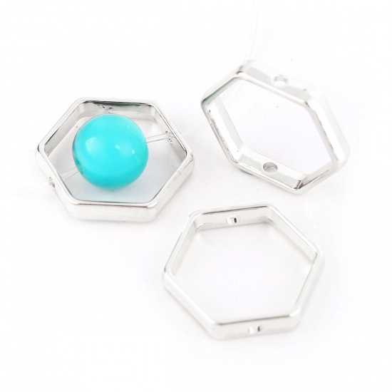 Picture of Zinc Based Alloy Beads Frames Hexagon Silver Tone (Fits 14mm Beads) 21mm x 18mm, 10 PCs