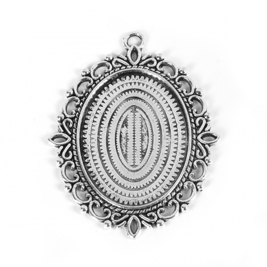 Immagine di Lega di Zinco Charm Ciondoli Ovale Argento Antico Basi per Cabochon (Adatto 3.9cm x 2.9cm) 62mm x 48mm, 5 Pz