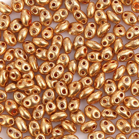 Bild von (Japan Import) Glas 2-Loch Rocailles Perlen Metallic Golden Metallfarbe ca. 5mm x 4mm - 5mm x3mm, Loch:ca. 0.5mm, 10 Gramm (ca. 17 Stück/Gramm)