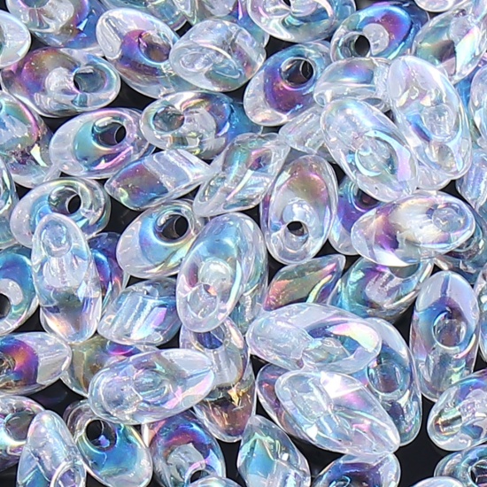 Picture of (Japan Import) Glass Long Magatama Seed Beads Pale Yellow AB Color Rainbow Transparency About 8mm x 4mm - 7.5mm x 4mm, Hole: Approx 1.1mm, 10 Grams (Approx 7 PCs/Gram)
