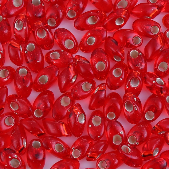 （日本輸入） ガラス ロングマガ玉ビーズ 赤 シルバーライン 8mm x 4mm - 7.5mm x4mm、 穴: 約 1.3mm、 10 グラム (約 8 個/グラム) の画像