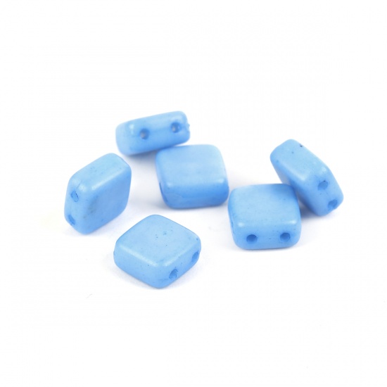 Picture of (Japan Import) Glass Two Hole Twin Seed Beads Square Blue Frosted Opaque About 6.3mm x 6.3mm, Hole: Approx 0.5mm, 30 PCs