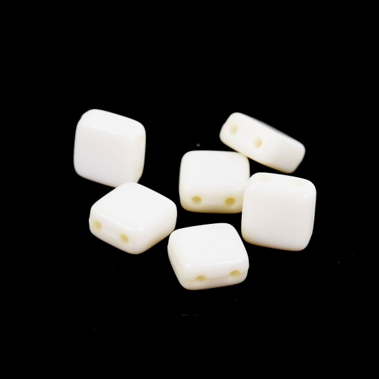 Picture of (Japan Import) Glass Two Hole Twin Seed Beads Square Creamy-White Frosted Opaque About 6.3mm x 6.3mm, Hole: Approx 0.5mm, 30 PCs