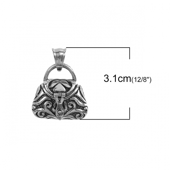 Picture of Stainless Steel Cremation Ash Urn Pendants Handbag Antique Silver Color Carved Can Open 31mm(1 2/8") x 23mm( 7/8"), 1 Piece