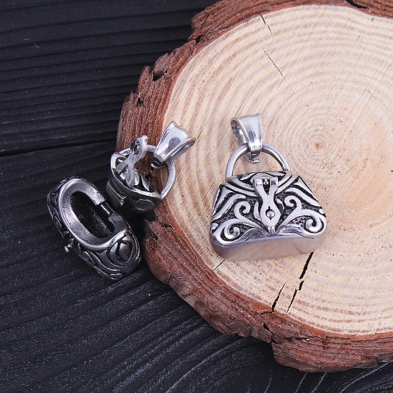 Picture of Stainless Steel Cremation Ash Urn Pendants Handbag Antique Silver Color Carved Can Open 31mm(1 2/8") x 23mm( 7/8"), 1 Piece