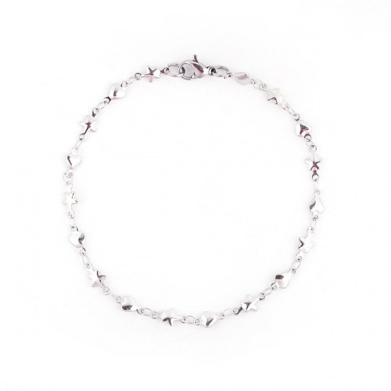 Picture of 304 Stainless Steel Bracelets Silver Tone Pentagram Star Heart 20.8cm(8 2/8") long, 1 Piece