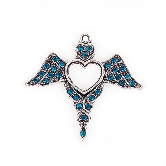 Picture of Zinc Based Alloy Pendants Angel Wing Antique Silver Heart Peacock Blue Rhinestone 42mm(1 5/8") x 38mm(1 4/8"), 2 PCs