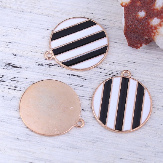 Picture of Zinc Based Alloy Charms Geometric Gold Plated Black & White Round Stripe Enamel 28mm(1 1/8") x 24mm(1"), 10 PCs