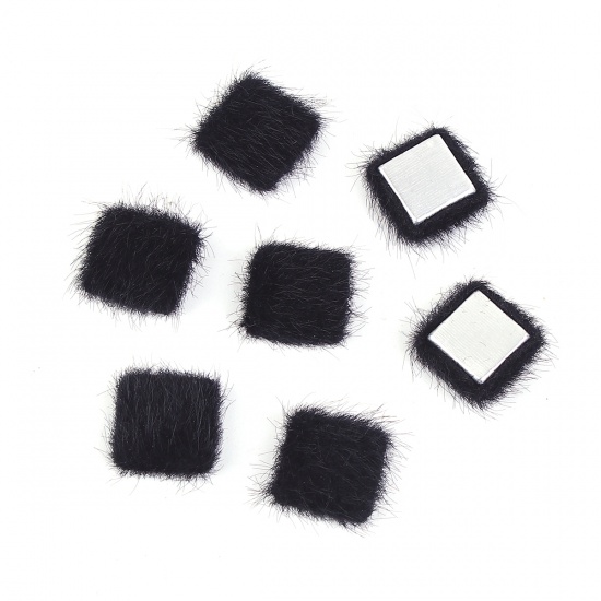 Bild von Zinklegierung Embellishments Cabochons Pompon Ball Silberfarbe Schwarz Quadrat Imitat Zobel 13mm x 13mm, 10 Stück