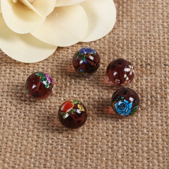 Picture of Glass Japan Painting Vintage Japanese Tensha Beads Round Coffee At Random Flower Pattern Transparent About 12mm Dia, Hole: Approx 1.5mm, 5 PCs