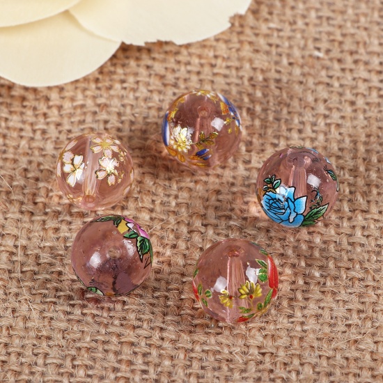 Picture of Glass Japan Painting Vintage Japanese Tensha Beads Round Light Pink At Random Flower Pattern Transparent About 12mm Dia, Hole: Approx 1.5mm, 5 PCs