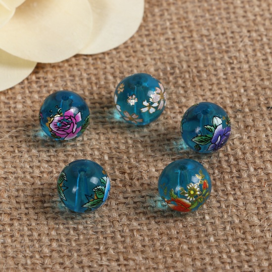 Bild von Glas Japan Malerei Vintage Japanische Tensha Perlen Rund Blau Mit zufälligen Blumen Muster Transparent ca. 12mm D., Loch: 1.5mm, 5 Stück