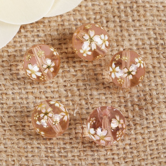 Picture of Glass Japan Painting Vintage Japanese Tensha Beads Round Sakura Flower Light Pink & Pink Transparent About 12mm Dia, Hole: Approx 1.5mm, 5 PCs