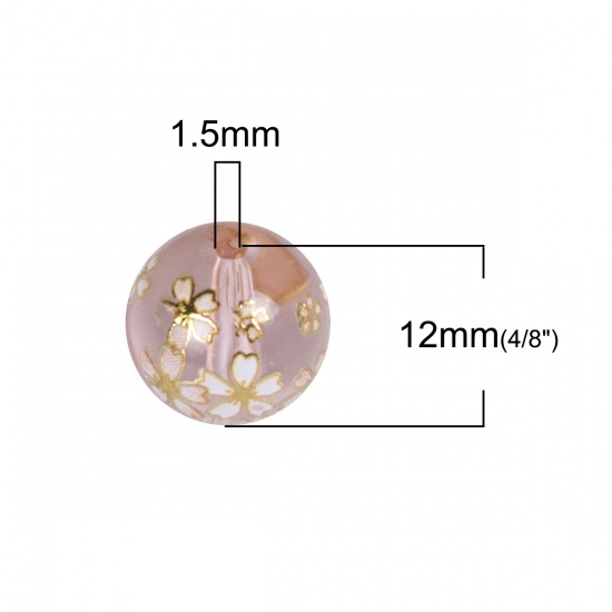 Immagine di Vetro Sciolto Pittura Giapponese Vintage Tensha Perline Fiore di Sakura Rosa Chiaro Tondo Disegno Trasparente Circa 12mm Dia, Foro: Circa 1.5mm, 5 Pz