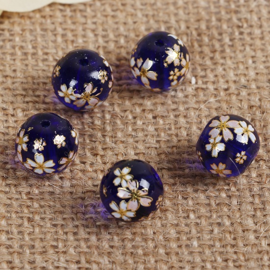 Immagine di Vetro Sciolto Pittura Giapponese Vintage Tensha Perline Fiore di Sakura Blu Marino Tondo Disegno Trasparente Circa 12mm Dia, Foro: Circa 1.5mm, 5 Pz