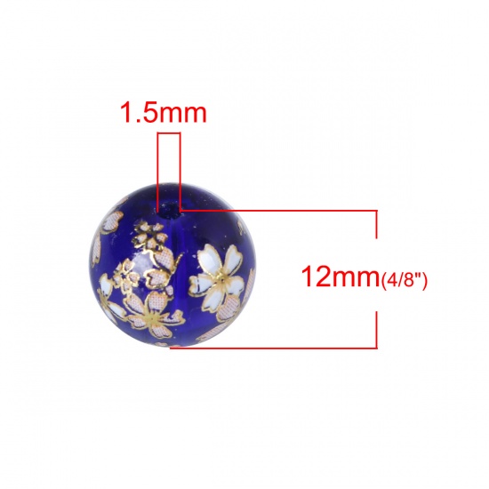 Immagine di Vetro Sciolto Pittura Giapponese Vintage Tensha Perline Fiore di Sakura Blu Marino Tondo Disegno Trasparente Circa 12mm Dia, Foro: Circa 1.5mm, 5 Pz