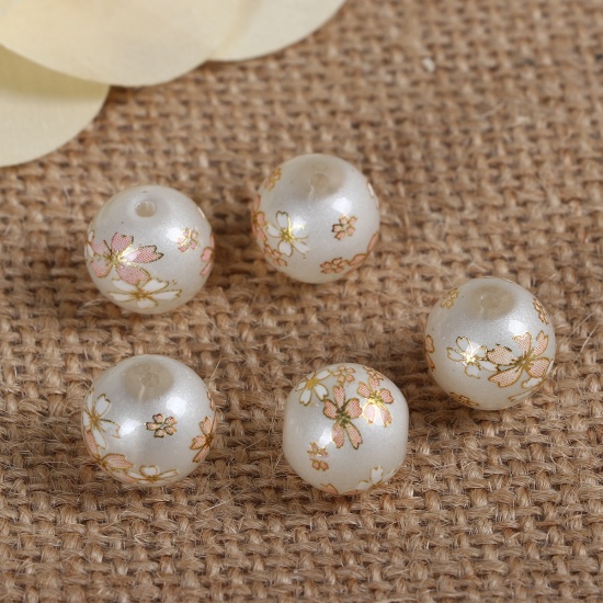 Picture of Glass Japan Painting Vintage Japanese Tensha Beads Round Sakura Flower Creamy-White & Pink Imitation Pearl About 12mm Dia, Hole: Approx 1.2mm, 5 PCs