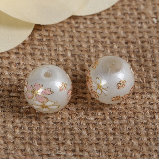Picture of Glass Japan Painting Vintage Japanese Tensha Beads Round Sakura Flower Creamy-White & Pink Imitation Pearl About 12mm Dia, Hole: Approx 1.2mm, 5 PCs