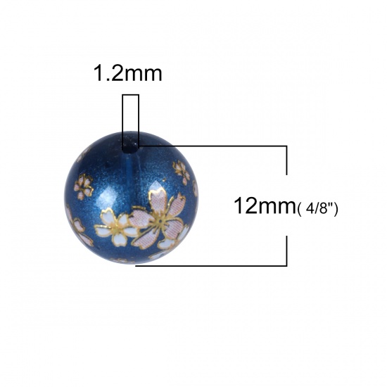 Picture of Glass Japan Painting Vintage Japanese Tensha Beads Round Sakura Flower Royal Blue & Pink Imitation Pearl About 12mm Dia, Hole: Approx 1.2mm, 5 PCs