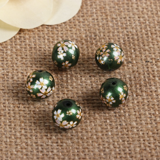 Picture of Glass Japan Painting Vintage Japanese Tensha Beads Round Sakura Flower Green & Pink Imitation Pearl About 12mm Dia, Hole: Approx 1.2mm, 5 PCs