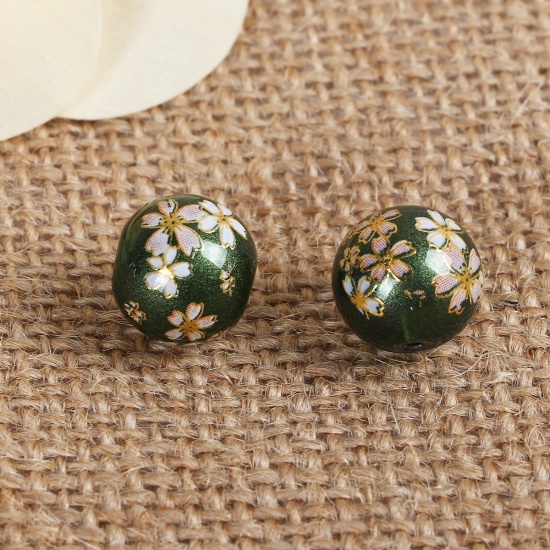 Picture of Glass Japan Painting Vintage Japanese Tensha Beads Round Sakura Flower Green & Pink Imitation Pearl About 12mm Dia, Hole: Approx 1.2mm, 5 PCs