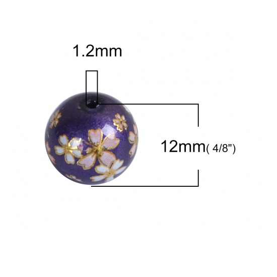 Picture of Glass Japan Painting Vintage Japanese Tensha Beads Round Sakura Flower Purple & Pink Imitation Pearl About 12mm Dia, Hole: Approx 1.2mm, 5 PCs