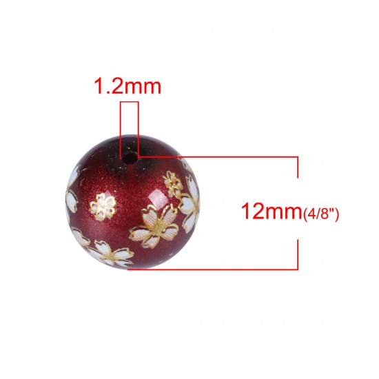 Picture of Glass Japan Painting Vintage Japanese Tensha Beads Round Sakura Flower Dark Red & Pink Imitation Pearl About 12mm Dia, Hole: Approx 1.2mm, 5 PCs