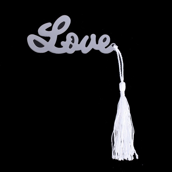 Picture of Stainless Steel Bookmark " Love " Silver Tone Tassel 87mm(3 3/8") x 40mm(1 5/8"), 1 Set