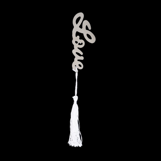 Picture of Stainless Steel Bookmark " Love " Silver Tone Tassel 87mm(3 3/8") x 40mm(1 5/8"), 1 Set