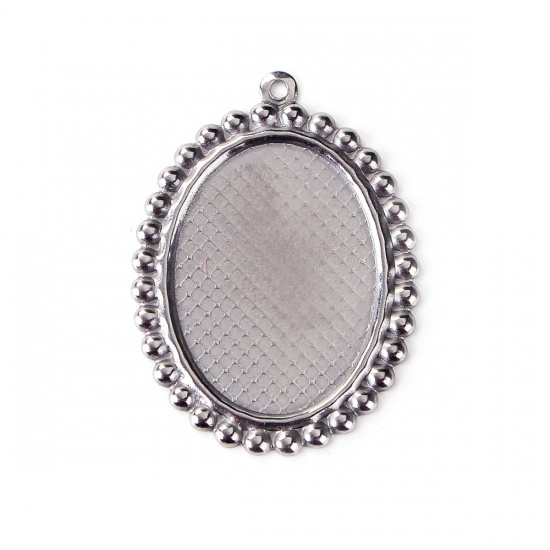 Picture of Stainless Steel Pendants Oval Silver Tone Cabochon Settings (Fits 25mm x18mm) 35mm(1 3/8") x 26mm(1"), 10 PCs