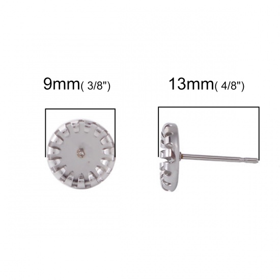 Immagine di Acciaio Inossidabile Orecchini a Perno Tondo Tono Argento (Adatti Basi per Cabochon 6mm) 9mm Dia., Posta / Filo Dimensione: (21 misura), 30 Pz