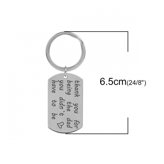 Picture of Stainless Steel Keychain & Keyring Rectangle Silver Tone Message 65mm(2 4/8") x 25mm(1"), 1 Piece