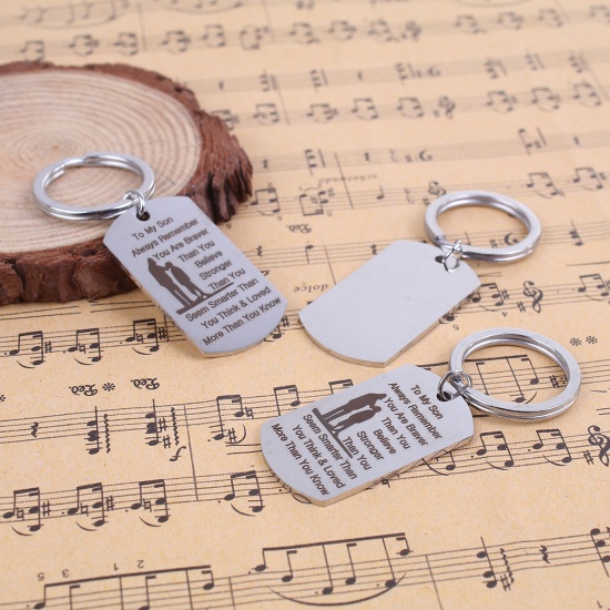 Picture of Stainless Steel Keychain & Keyring Rectangle Silver Tone Message 64mm(2 4/8") x 25mm(1"), 1 Piece