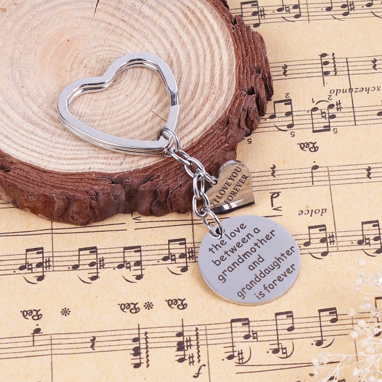 Picture of Stainless Steel Keychain & Keyring Heart Silver Tone Message 75mm(3") x 31mm(1 2/8"), 1 Piece