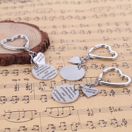 Picture of Stainless Steel Keychain & Keyring Heart Silver Tone Message 75mm(3") x 31mm(1 2/8"), 1 Piece